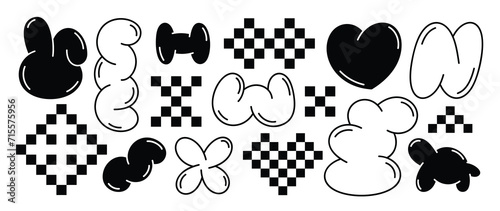 Set of y2k style elements vector. Hand drawn collection of heart pixel, rabbit, fluffy, flower, organic shape in black and white color. Design for print, cartoon, card, decoration, sticker.