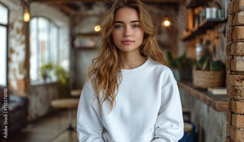 Young woman wearing a plain white adult white cotton sweatshirt full front view in the style of modern pop culture. Mock-up of white girl hoodie with copy space for your text or logo.