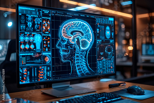 Human brain on laptop. Medical analysis concept