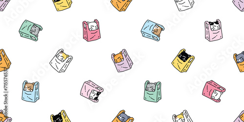 cat seamless pattern shopping bag plastic vector kitten calico munchkin neko cartoon pet doodle gift wrapping paper illustration tile background repeat wallpaper isolated design