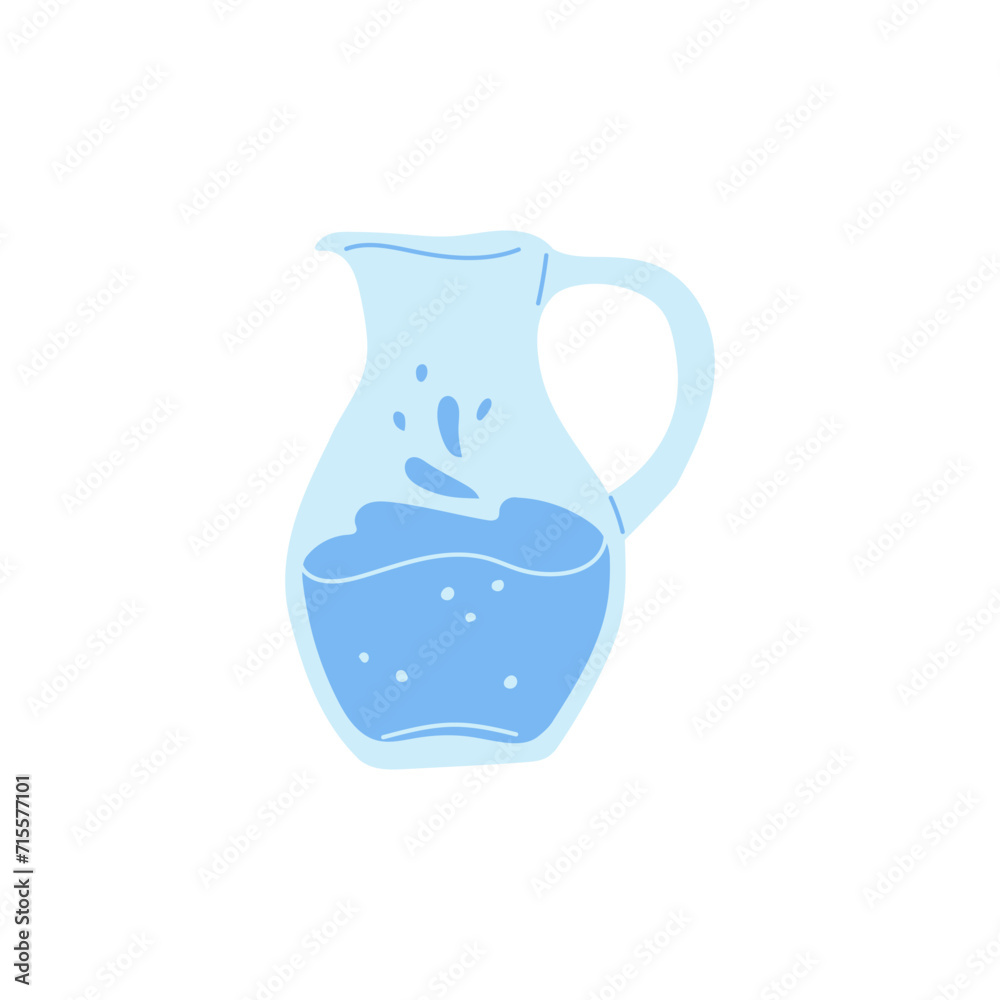 Glass jug of clean water with splashes, vector flat illustration of pitcher with pure aqua, natural water in jar, drink