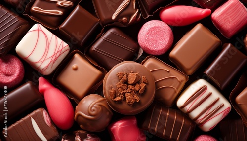Assorted chocolate candy mix captured from top view perspective, tempting and delightful
