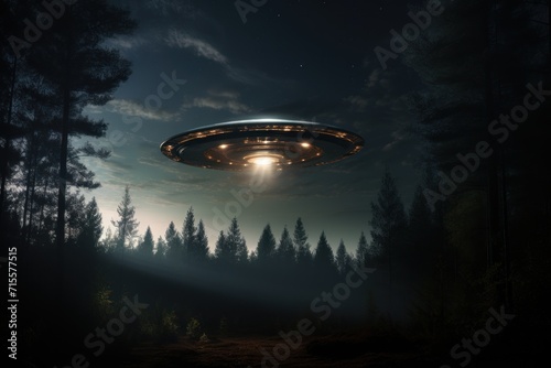 UFO flying in the night sky. Fantasy alien planet. Flying saucer in the dark forest.
