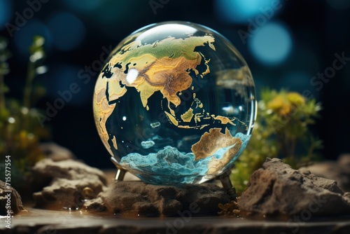 Miniature world globe on wooden table. Global environment and ecology concept.