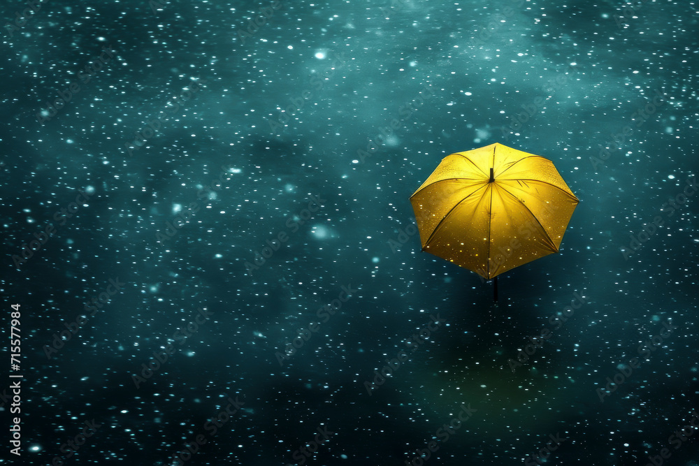 Yellow Umbrella Floating in Night Sky with Copy Space
