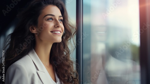 American young business woman looking at the window 
