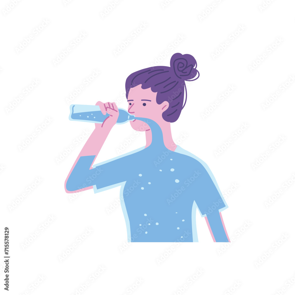 Woman drinking water from glass bottle, body as a full water scale flat vector, hydration, drink more water, health care Woman drinking water from glass bottle, body as a full water scale flat vector, hydration, drink more water, health care