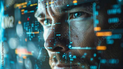 Facial Recognition Technology: A portrait of a person representing modern facial recognition technology and cybersecurity in a dark and futuristic setting photo