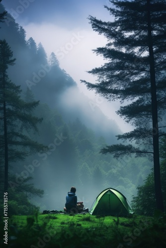 Vertical photo of a female hiker enjoys a morning cup of coffee near her tent, alone with nature. Breath of the morning foggy forest and the spirit of freedom.