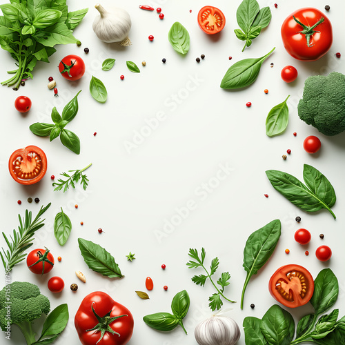 Vegetables frame around empty copy space area, Leafy greens, tomatoes, basil, herbs, spices. For organic green product advertising background