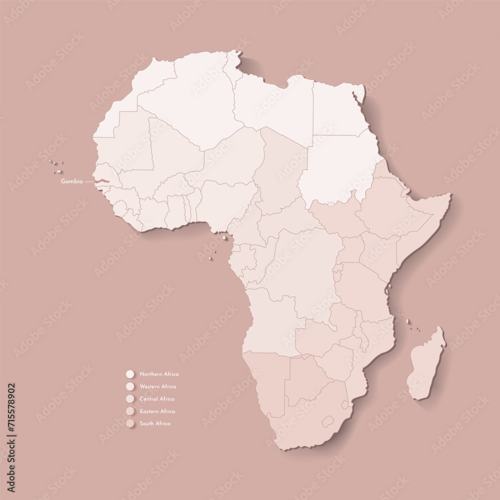 Vector Illustration with African continent with borders of all states and marked country Gambia. Political map in brown colors with western, south and etc regions. Beige background