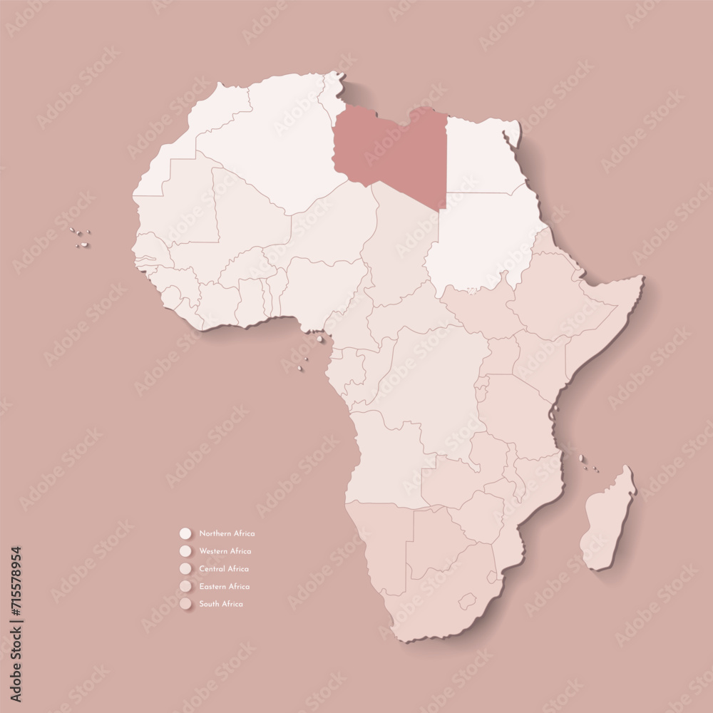 Vector Illustration with African continent with borders of all states and marked country State of Libya. Political map in brown colors with western, south and etc regions. Beige background