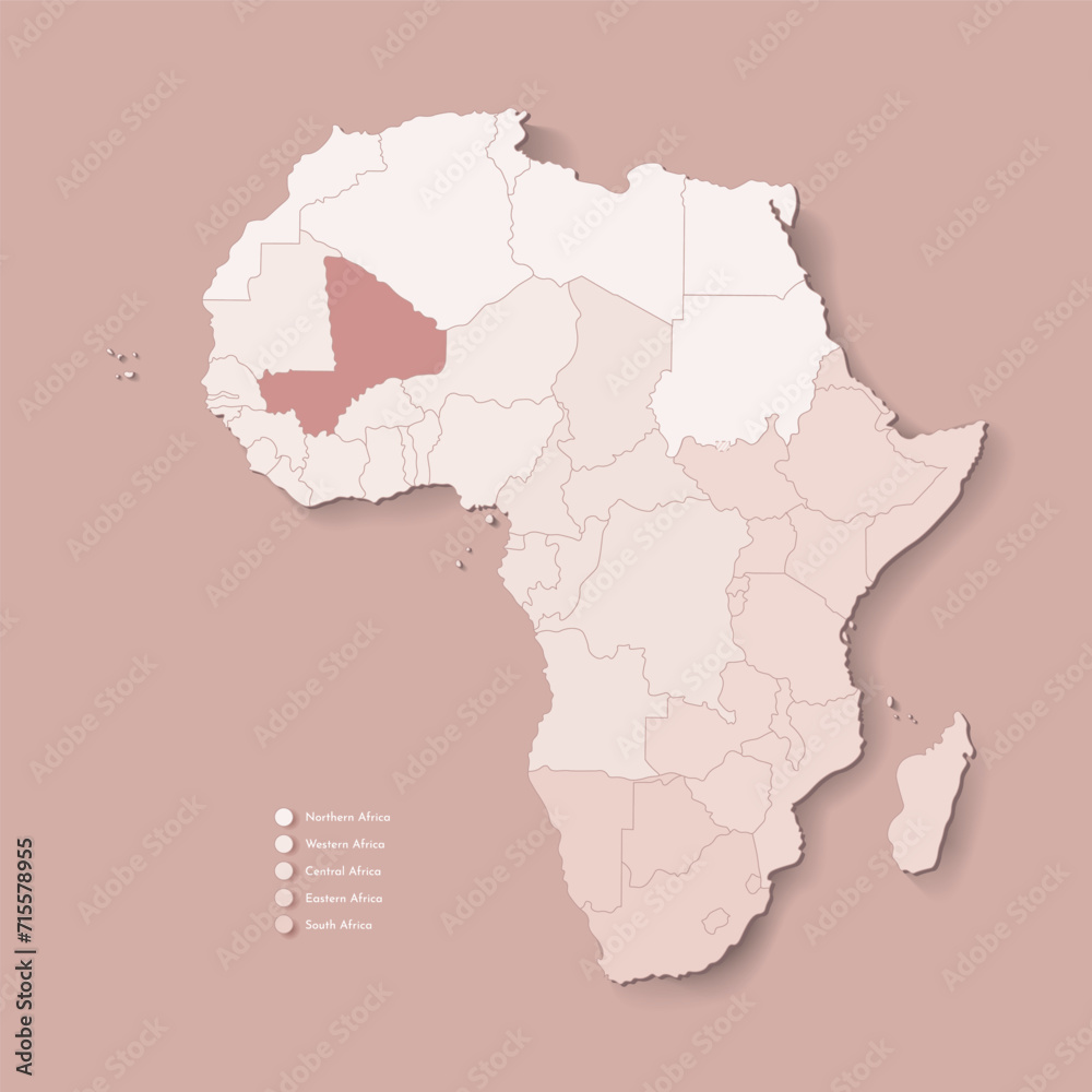 Vector Illustration with African continent with borders of all states and marked country Mali. Political map in brown colors with western, south and etc regions. Beige background