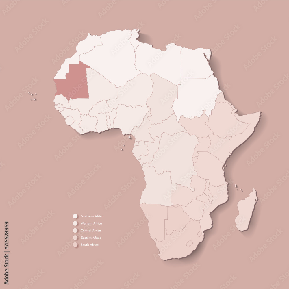 Vector Illustration with African continent with borders of all states and marked country Mauritania. Political map in brown colors with western, south and etc regions. Beige background