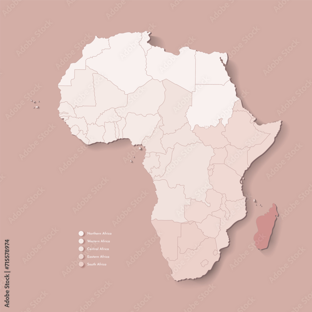 Vector Illustration with African continent with borders of all states and marked country Madagascar. Political map in brown colors with western, south and etc regions. Beige background