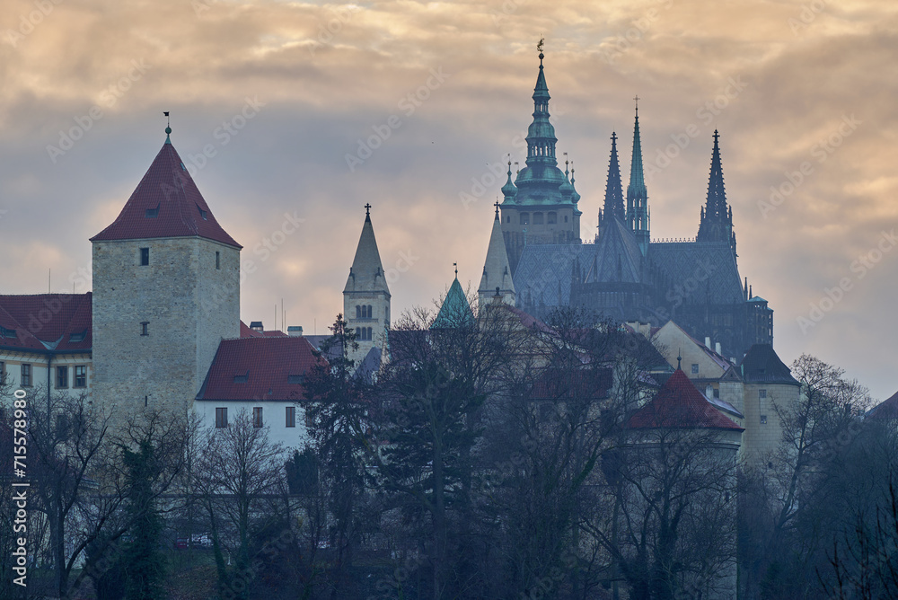 Sunset view of Prague castle and Saint Vitus Cathedral in Czech republic