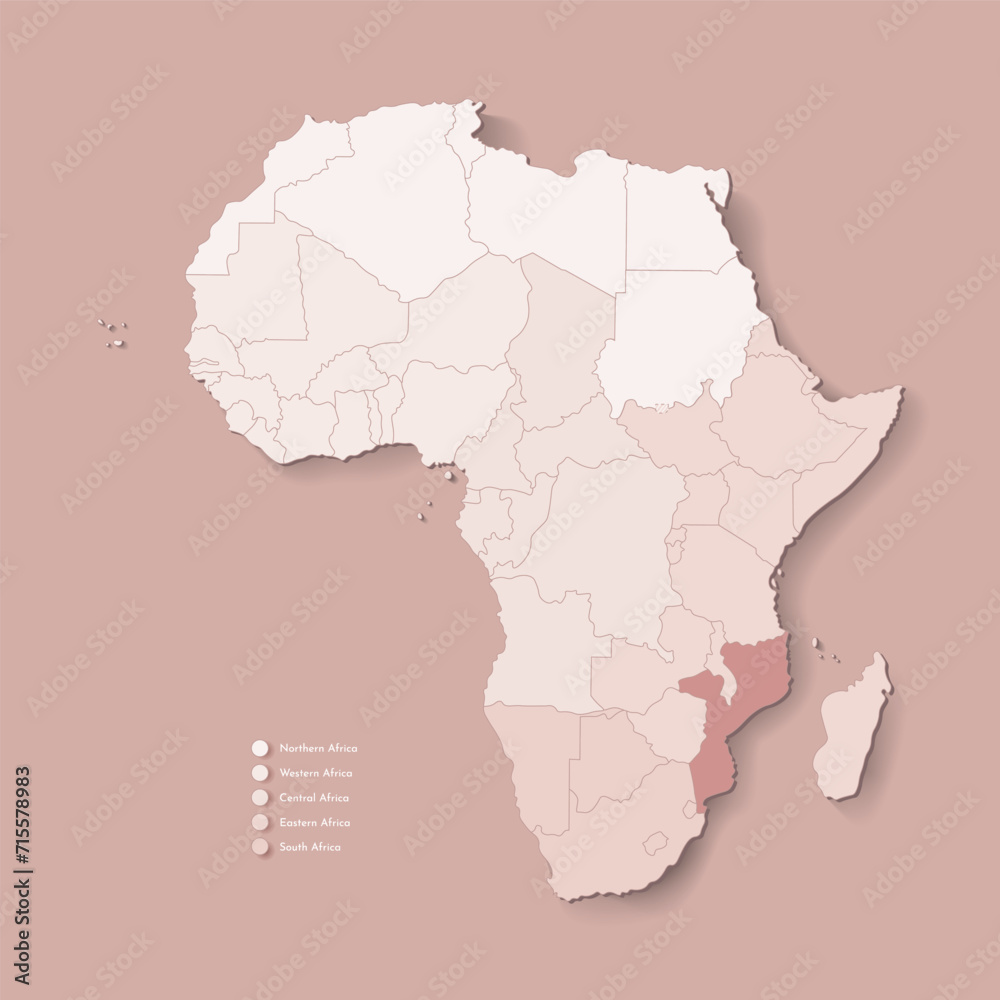 Vector Illustration with African continent with borders of all states and marked country Mozambique. Political map in brown colors with western, south and etc regions. Beige background Vector Illustration with African continent with borders of all states and marked country Mozambique. Political map in brown colors with western, south and etc regions. Beige background