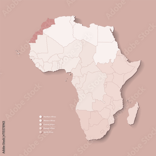 Vector Illustration with African continent with borders of all states and marked country Morocco. Political map in brown colors with western  south and etc regions. Beige background