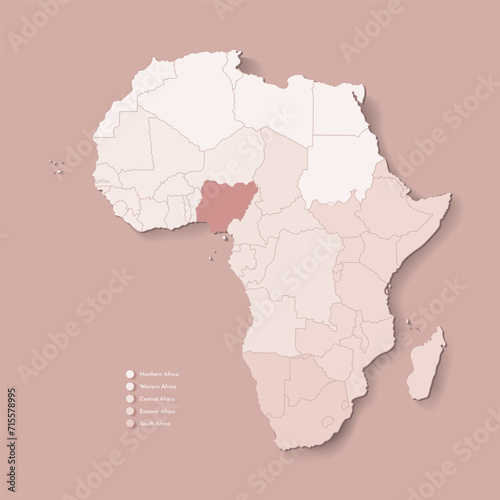 Vector Illustration with African continent with borders of all states and marked country Nigeria. Political map in brown colors with western, south and etc regions. Beige background