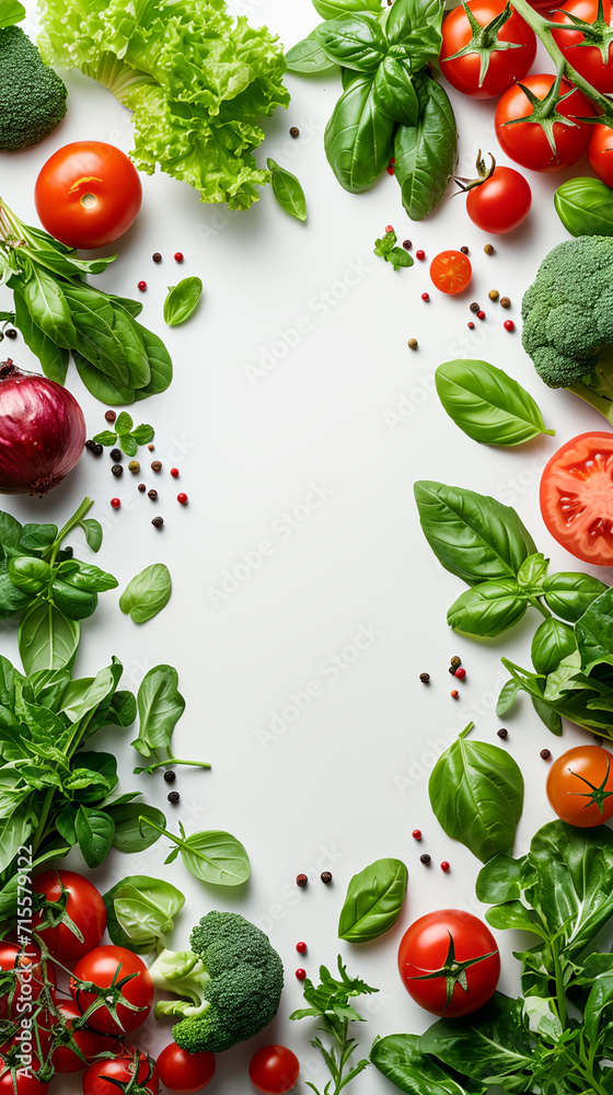 Vegetables frame around empty copy space area, Leafy greens, tomatoes, basil, herbs, spices. For organic green product advertising background