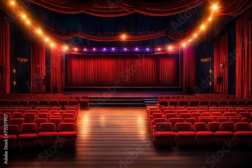 Illuminate the theater stage with spotlights, creating a vibrant backdrop for an opera performance. The empty stage, adorned with bright colors, sets the stage for an entertaining show 