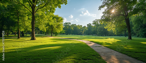 Public park with large trees, green grass field, walk path track