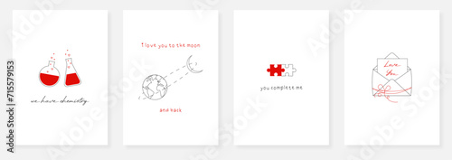 Set of minimalistic Valentine's Day greeting cards, posters with chemistry, moon, puzzles, envelope in flat outline style. Simple black and white cards with red accent for February 14