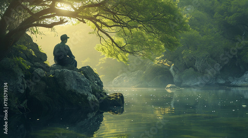 Serene Tranquility: Scenes that exude a sense of calm and serenity. This could include images of individuals in peaceful natural settings, such as a quiet forest or a tranquil beach. Generative AI