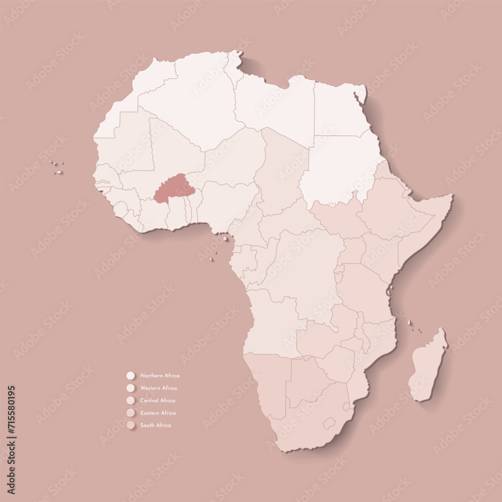Vector Illustration with African continent with borders of all states and marked country Burkina Faso. Political map in camel brown with central, western, south and etc regions. Beige background