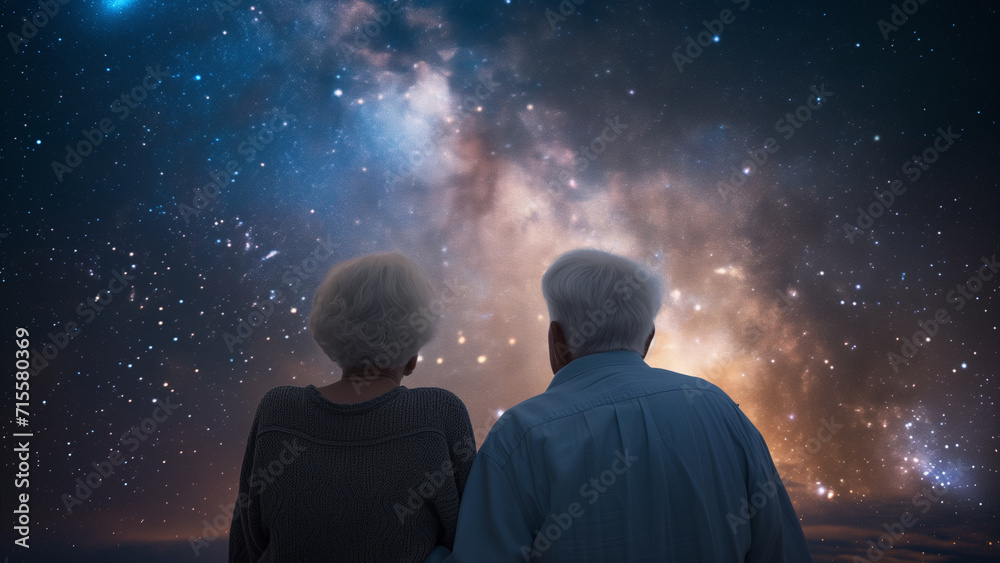 Fototapeta premium Golden Years: A Back View of an Elderly Couple Watching the Stars