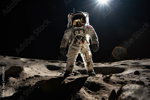 An astronaut in a spacesuit on the surface of the Moon. View from space. Generated by artificial intelligence