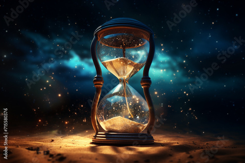 States of mind, culture and religion, life, art concept. Beautiful retro hourglass in surreal desert and night sky with stars background illustration. Fragile and short life metaphor photo