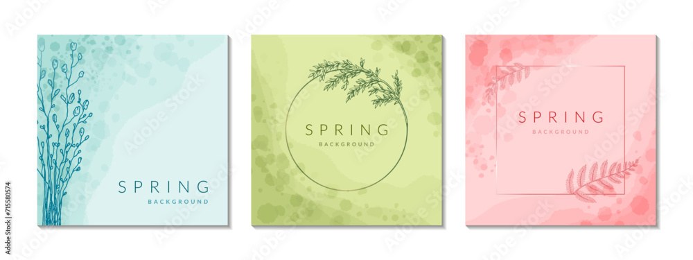 Set of spring watercolor backgrounds. Circle and square floral minimal frame. Flower plant elegant wreath. Wedding, beauty, spa, jewellery salon, cosmetics packaging design and logo. Vintage border - obrazy, fototapety, plakaty 