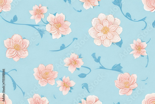 seamless vintage flower pattern on blue, light blue background