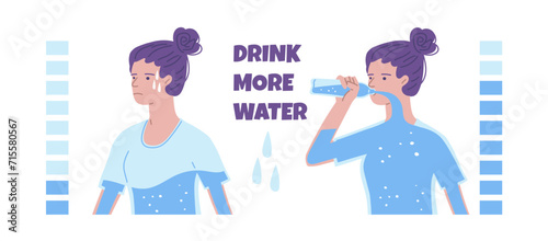 Drink more water vector poster, woman showing dehydrated body and and drinking water with water scale, health care