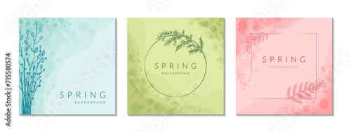 Set of spring watercolor backgrounds. Circle and square floral minimal frame. Flower plant elegant wreath. Wedding, beauty, spa, jewellery salon, cosmetics packaging design and logo. Vintage border