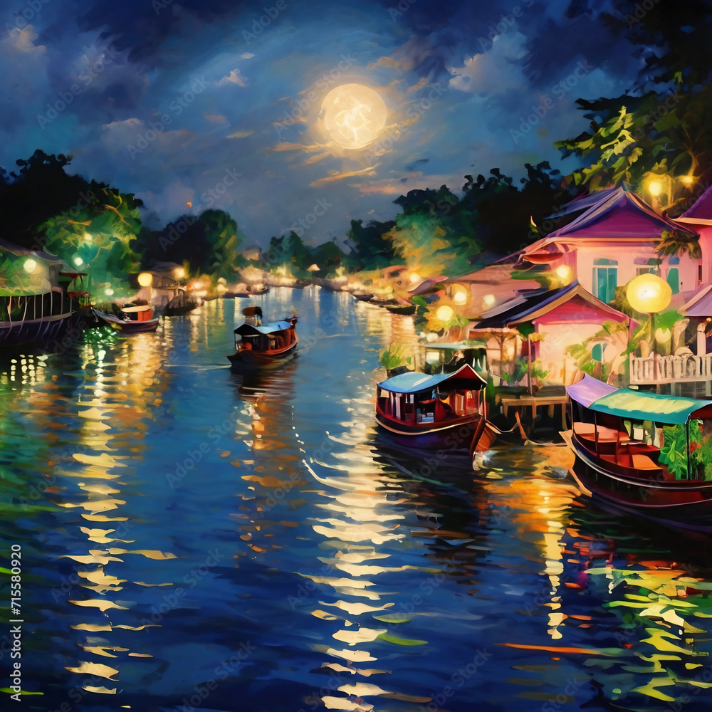 Illustration of Night view of Chao Phraya River with boats, full moon. Bangkok, Thailand.