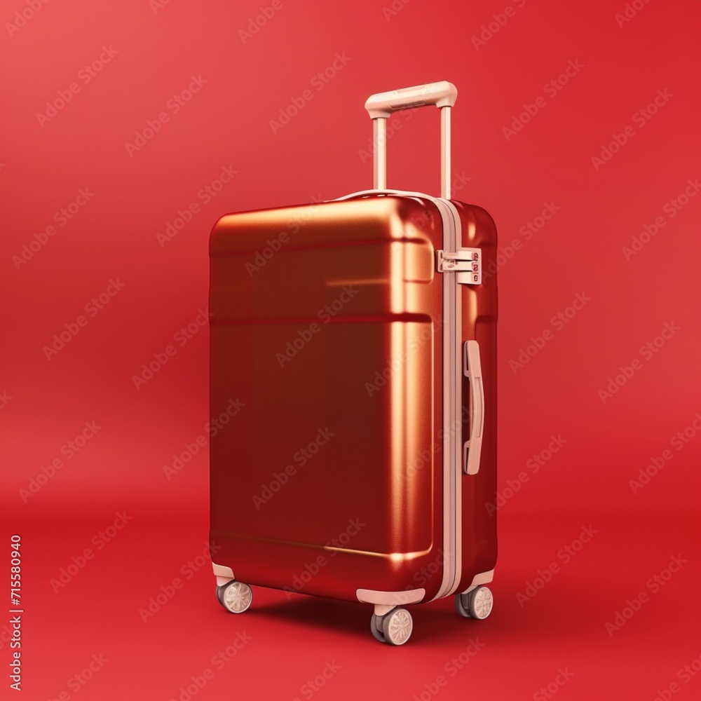 Beautiful gold rectangular wheels red trolley bag with red background Beautiful gold rectangular wheels red trolley bag with red background