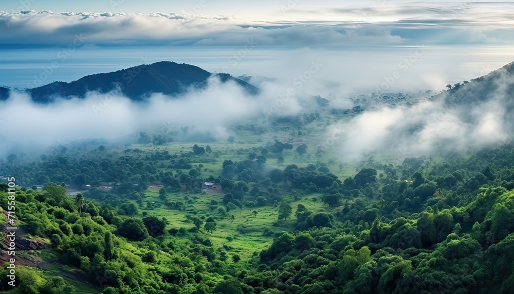 Obraz premium View of the sea of clouds from the top of the mountain peak before storm. Tropical rainforest.