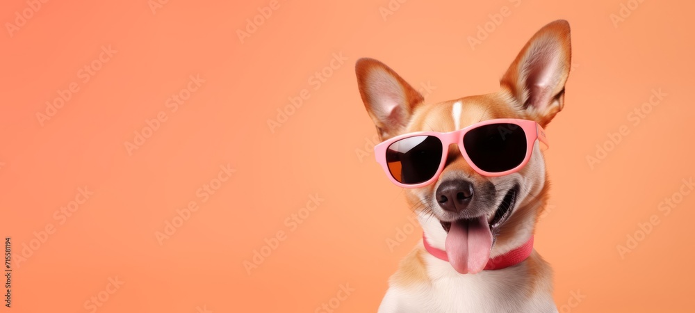 Funny pet animal banner - Cute little chihuahua dog with sunglasses, isolated on peach fuzz color background.