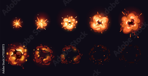 Explosion cartoon animation. Smoke and fire animation frame by frame, comic game asset of bomb blast effect. Vector game sprite of dynamite explosion photo