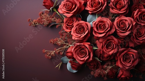 Red roses on dark background. Flower frame with copy space for text. Red roses with copy space.