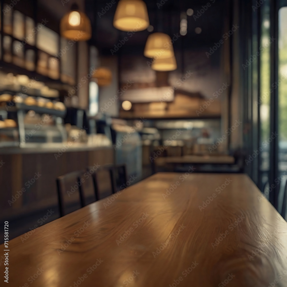 Empty wooden table and Coffee shop blur background with bokeh image. Empty wooden table and Coffee shop blur background with bokeh image.