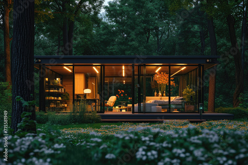 Modern luxury villa exterior in minimal style for luxury glamping. Glass cottage in the woods at night. Modern cabin house in deep forest, with a big flowers garden © Kien