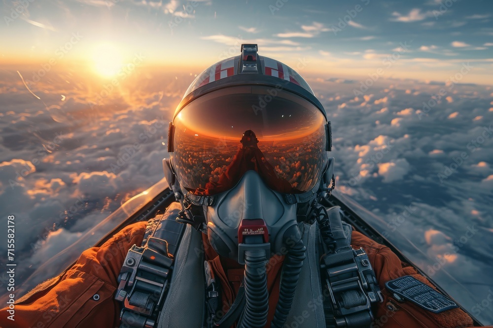 Fighter pilot's photo from the front in flight, with the sun shining on the visor and mirrors. - obrazy, fototapety, plakaty 