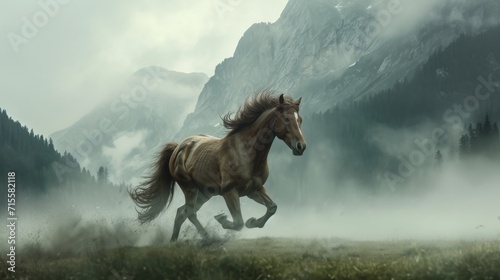 Majestic Horse Running Through a Field With Backdrop of Mountains © Denys