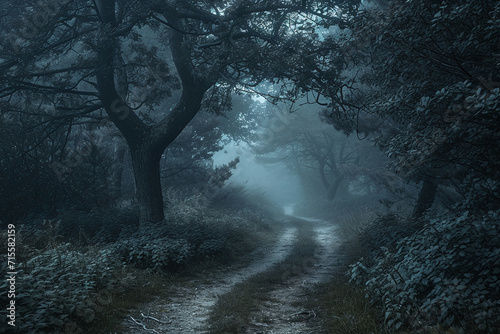 Misty forest trail with a mysterious atmosphere and eerie trees