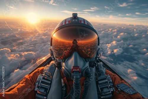 Fighter pilot's photo from the front in flight, with the sun shining on the visor and mirrors.