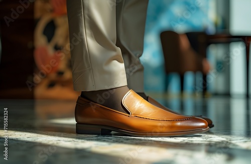 a man in a brown slip on shoes