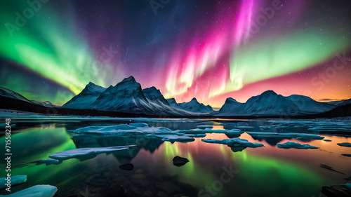Northern Light Aurora Borealis over snowy mountains and lake